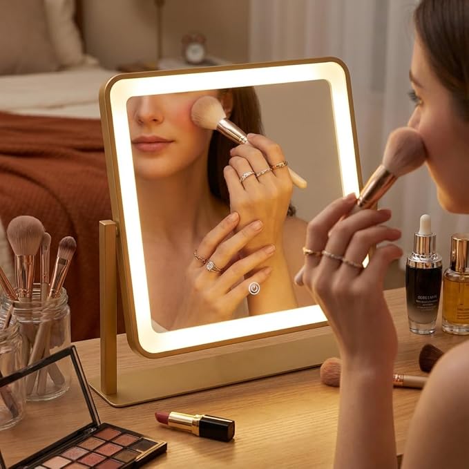 Vanity Mirror with Lights, 14"×12" Makeup Mirror with Lights, LED Makeup Mirror, Brightness Adjustable, Smart Touch with 3 Color Lighting Modes, for Bedroom Tabletop - Gold