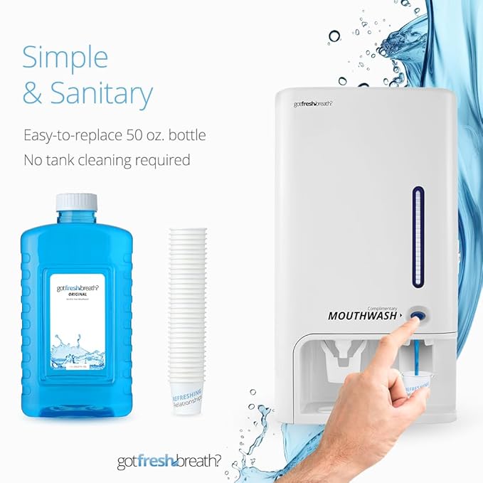 GotFreshBreath Commercial Mouthwash Dispenser with Cup Holder – Standing or Wall-Mounted, Slim, Commercial Mouthwash Dispenser with 100 Cups & 50 Oz. Alcohol-Free Mouthwash (White)