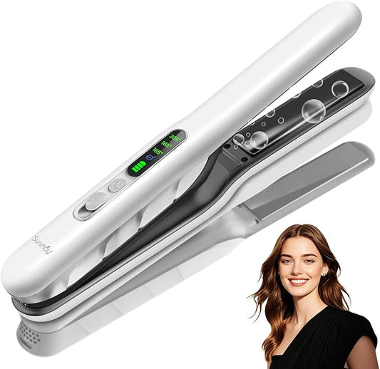 Cordless Hair Straightener, SUNMAY 2-in-1 Titanium Flat Iron Curler with Negative Ion, Dual NTC Temperature Control, 20s Fast Heat-Up, 3 Heat Settings, USB Rechargeable Portable Travel Straightener