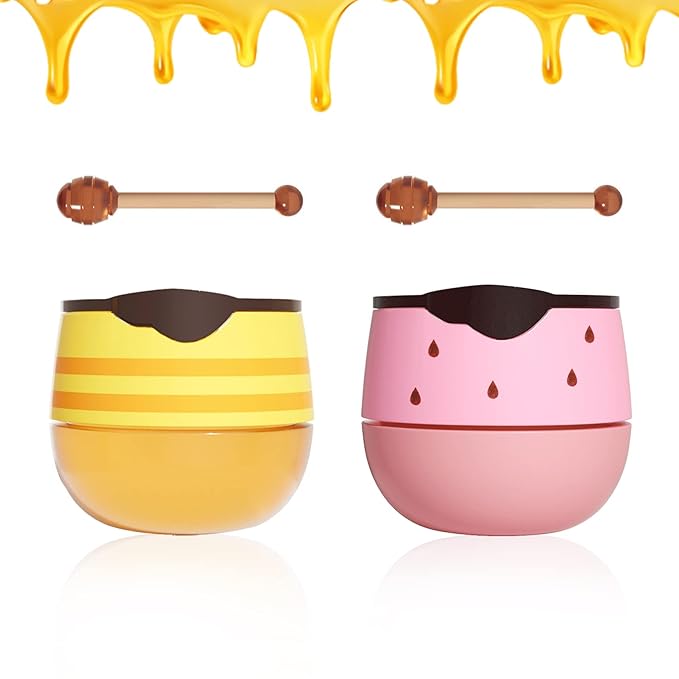 2PCS Bee Lip Balm Honey Pot,Honey Balm（Honey+Strawberry）