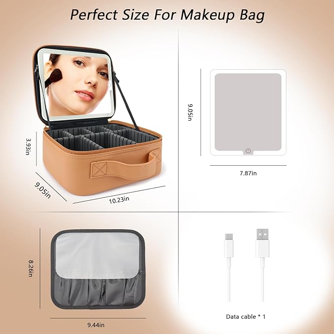 SLUMAZI Travel Makeup Bag with LED Mirror Travel Makeup Organizer with 3 Lighted Settings, Adjustable Dividers and Makeup Brush Storage Bag Orange-Brown