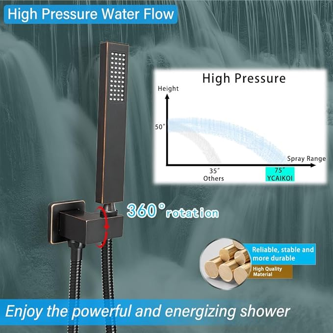 YCAIKOI Shower Faucet Set Complete, Wall Mount Shower System for Bathroom 12 Inch High-Pressure Rainfall Shower with Handheld, Rough-in Valve Body and Trim Kit, Oil Rubbed Bronze