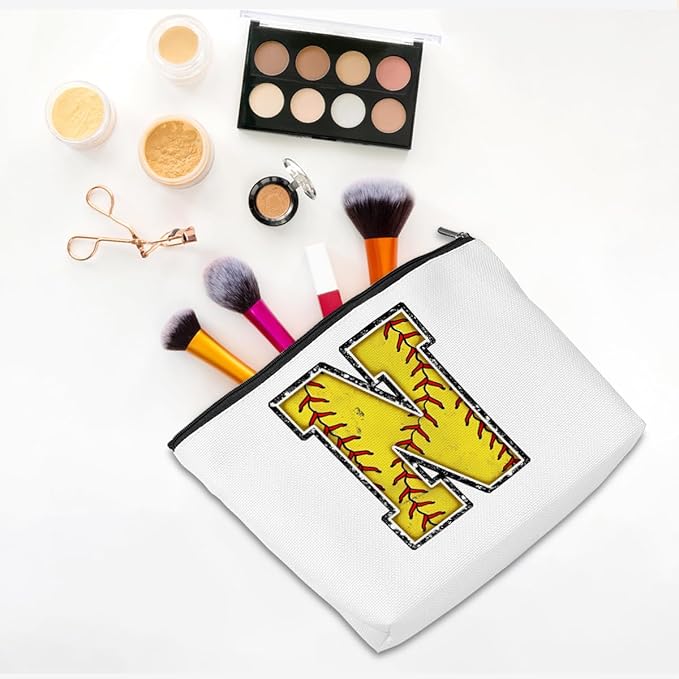 CQM Softball Gifts Initial Makeup Bag Monogrammed Cosmetic Bag Letter N Zipper Pouch Softball Accessories for Girls Women Player Coaches Friend Graduation Birthday Gifts
