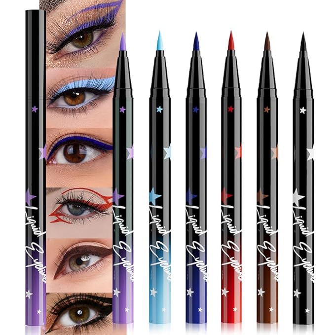 evpct 6Pcs Matte Liquid Eyeliner Set Pack Waterproof Smudge Proof, Lavender Purple Sky Royal Blue Red Brown Black Eye Liner Liquid for Face Body Paint, Longwear Eyeliners Waterline Thin Quick-dry 02