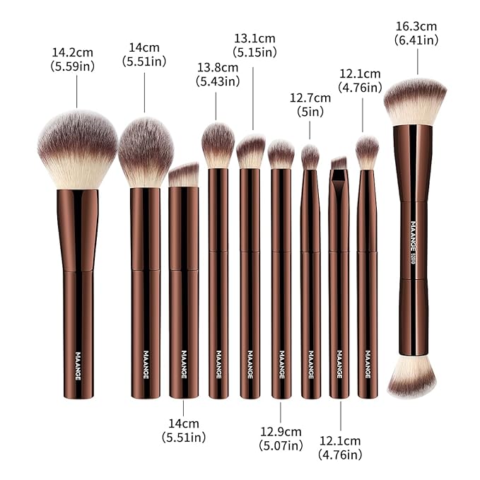 MAANGE Makeup Brush Set 10 Pcs Travel Makeup Brushes Double-ended Kabuki Brush for Foundation Powder Concealers Eye Shadows Makeup Tools Set with LED Light Mirror (Coffee Brown)
