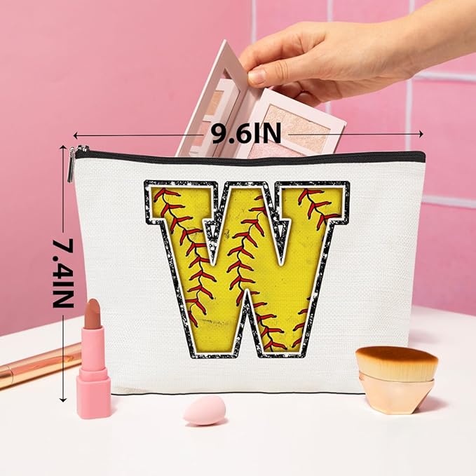 CQM Softball Gifts Initial Makeup Bag Monogrammed Cosmetic Bag Yellow Letter W Zipper Pouch Softball Accessories for Girls Women Player Coaches Friend Graduation Birthday Gifts