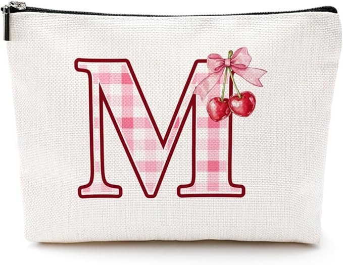 CQM Initial Makeup Bag Monogram Cosmetic Bag Monogrammed Gifts for Women Girls Friends Coworker Employee Personalized Travel Toiletry Bag Christmas Bridal Shower Wedding Bridesmaid Gifts, Cherry M