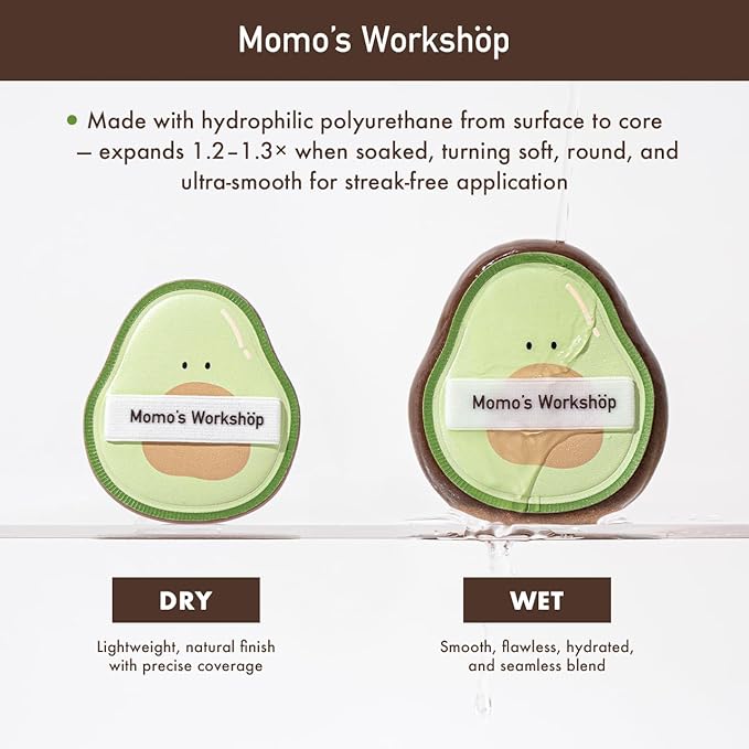 Momo's Workshop Makeup Sponge-Hydropolyurethane Foundation Sponge for Buildable Coverage, Dry&Wet Use with PU Leather Handle, Beauty Tool,2pcs With Storage Case