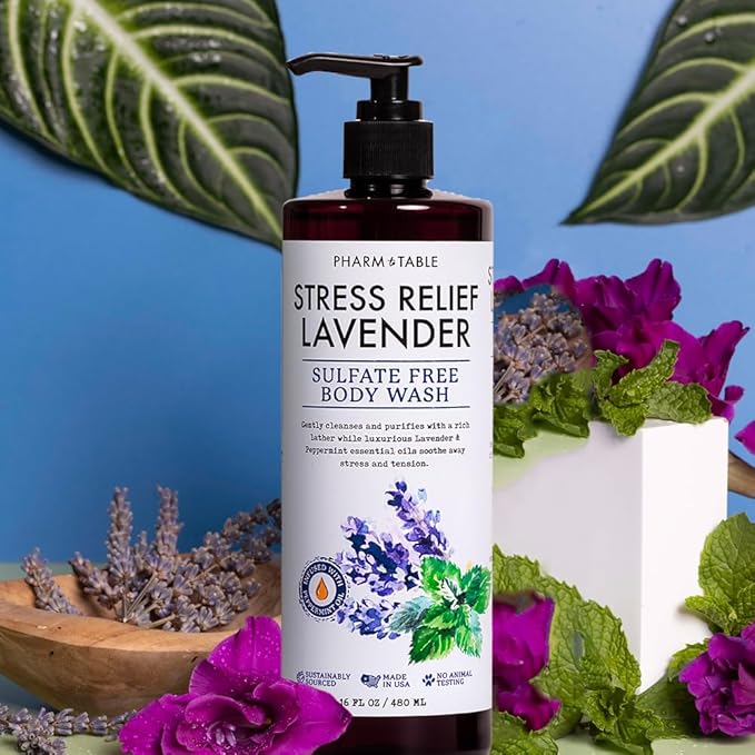 PHARM TO TABLE Stress Relief Lavender Body Wash for Women and Men Softens and Soothes the Skin, Sulfate Free, 100% Cruelty Free, 480ml