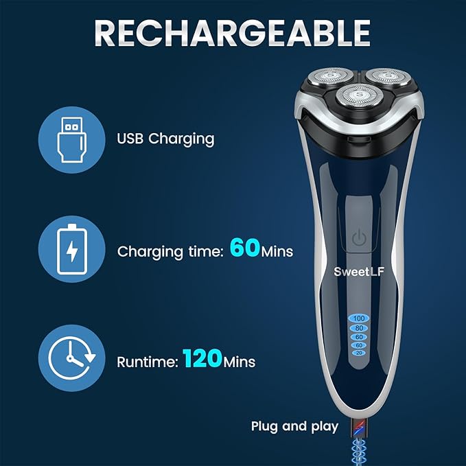 Electric Razor for Men, Electric Shaver for Men Waterproof/Rechargeable/LED Display, Men’s Shavers Wet & Dry Rotary Shavers Gift for Dad Husband Boyfriend (Navy Blue)