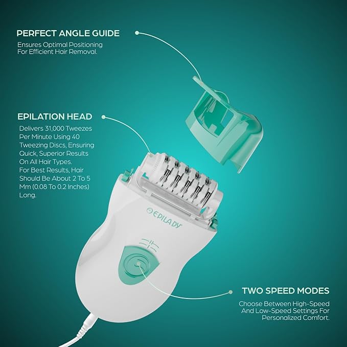 Epilady Speed Corded Epilator for Women – Dual-Speed 40-Disc Root Hair Removal Device for Legs, Underarms and Bikini Area Compact Waterproof Anti-Pinch Design for Smooth Long-Lasting Results
