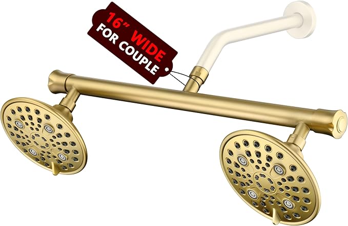 sumerain 2-in-1 Dual Shower Heads with Shut-off Valve for Two People,High Pressure 6 Function Sprayer and 20" Long Shower Arm,Brushed Gold