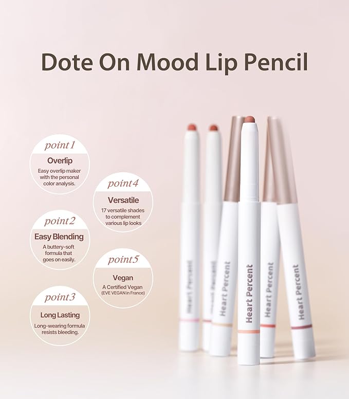 Heart Percent Dote On Mood Lip Pencil, Long-Lasting Creamy Lip Crayon Smooth Color Liner Retractable Lipstick Pencil 0.8g, 18. Fig Rose