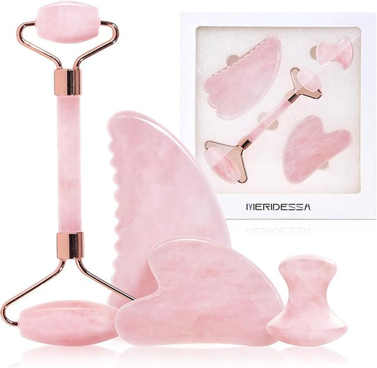 Jade Roller & Gua Sha Set, 4-Piece Facial Tool Kit for Glowing Skin, Anti-Aging, Puffiness & Wrinkles, Natural Jade Stone Face Massager for Lymphatic Drainage, Includes Eye Massager, Gift Ready