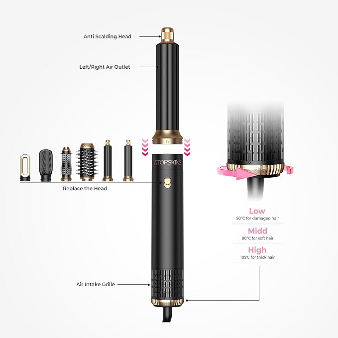 6 in 1 Hair Dryer Brush, Detachable Air Styler, Blow Dryer Brush 3 Heat Settings Frizz-Free Drying, Volumizing, Straightening, Curling for Travel & Home Styling (Pink-Black)