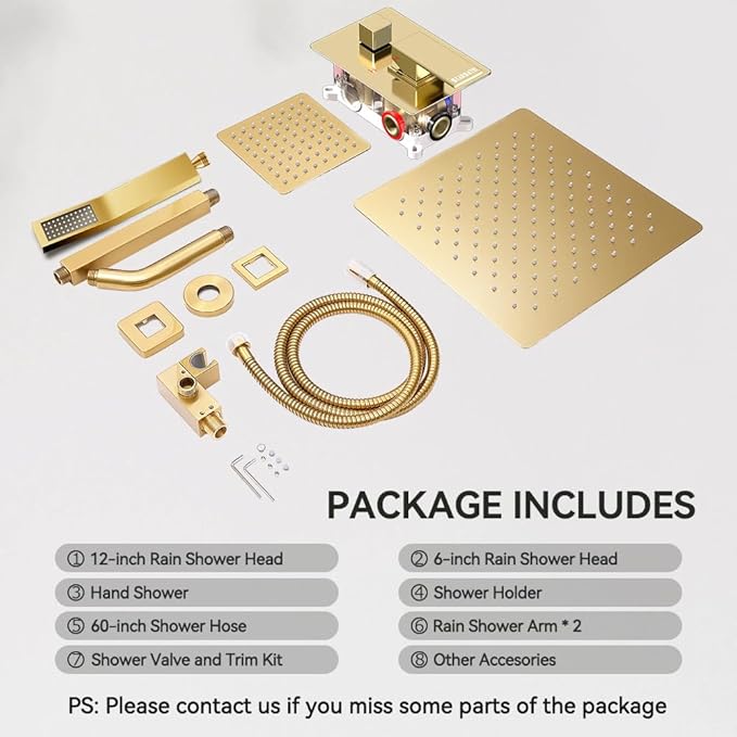 Brushed Gold Shower System, STARBATH 12+6" Rain Shower Head and Handle Set Ceiling Mount, Rainfall Shower Faucet Set Complete with 3 Way Shower Valve with 5 Diverter and Trim Kit
