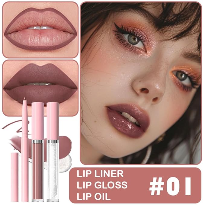3-in-1Nude Pink Matte Lip Stain Kit | Waterproof Lip Liner + Hydrating Matte Lip Gloss + Nourishing Lip Oil | Long Lasting Plumping to Create Perfect Lip Makeup.01#
