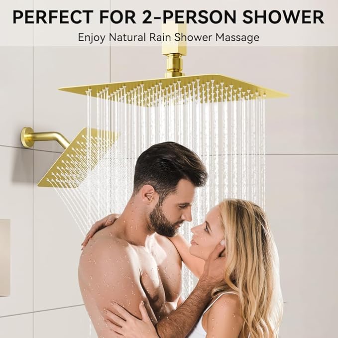 Shower Systems with Rain Shower and Handheld,STARBATH Dual Head 12+6" Rainfall Shower Can Run All Together, Ceiling Mount Shower Faucet Set with Pressure Balance Valve and Trim Kit, Brushed Gold