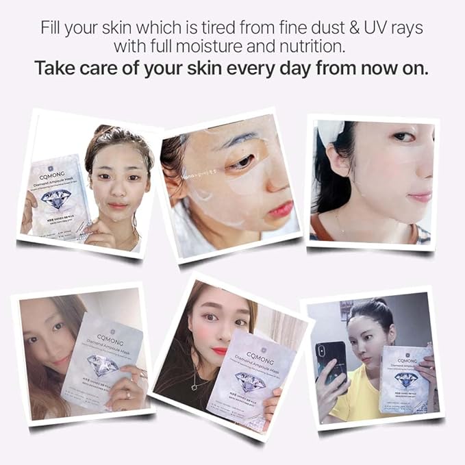 CQMONG Diamond Ampoule Sheet Mask (30g x 10pcs), Korean Face Facial Masks, Glossy & Elastic Skin, Hydrating, Soothing, Nourishing, Collagen & Hyaluronic Acid, Smooth Sheet