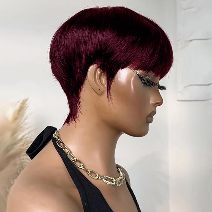 Short Pixie Cut Human Hair Wig for black women Burgundy Red Straight Human Hair Non-Lace front Wig with bangs full machine made 99J Colored Glueless Short Haircut Wig