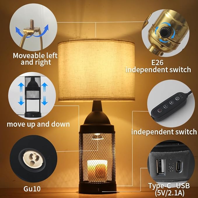 Candle Warmer Lamp for Bedroom,24H Cycle Timer, Dimmable, Dual Charging Port, Wax Melt Warmer with 2 Bulbs,Country Lamps for Bedroom Nightstand with USB&Type-C Ports, Gifts Christmas Birthday