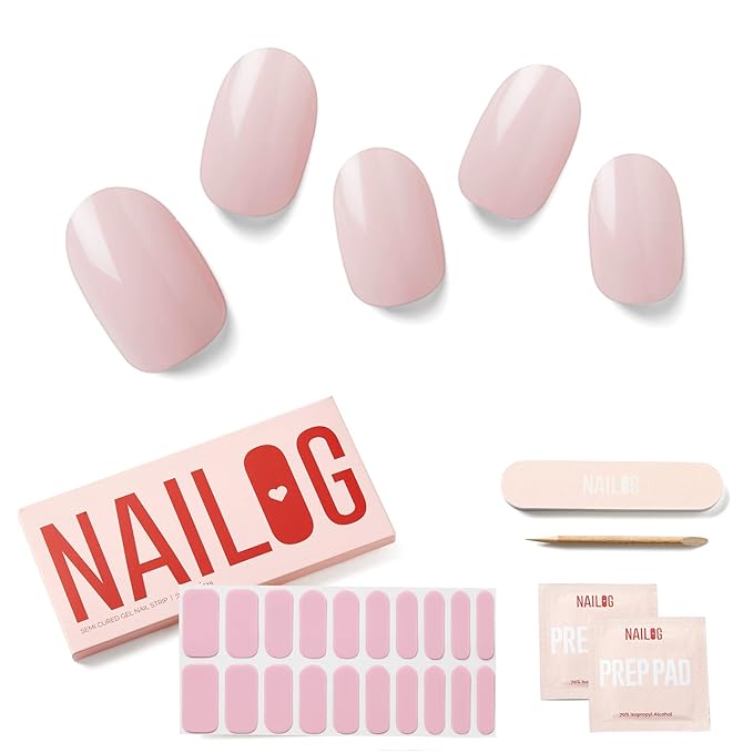 NAILOG Semi Cured Gel Nail Strips (20 Extra Long Polish Stickers/Wraps) | Glossy & Long Lasting Soft Gel Finishing Nail Strips | Camellia