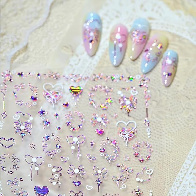 Valentines Nail Art Stickers Aurora Heart Nail Stickers for Nail Art 5D Embossed Bow Heart Nail Design Glitter Valentines Holiday Nail Decals for Women Girls Manicure Supplies