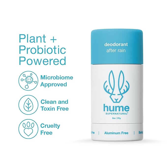 Hume Supernatural Aluminum Free Deodorant for Women & Men - Safe for Sensitive Skin - Probiotic, Plant-Based, Baking Soda Free, Aloe, & Cactus Flower, Anti Sweat, Stain & Odor – After Rain, 2-Pack