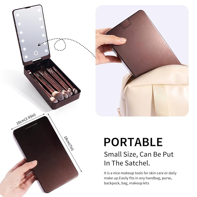 MAANGE Makeup Brush Set 10 Pcs Travel Makeup Brushes Double-ended Kabuki Brush for Foundation Powder Concealers Eye Shadows Makeup Tools Set with LED Light Mirror (Coffee Brown)