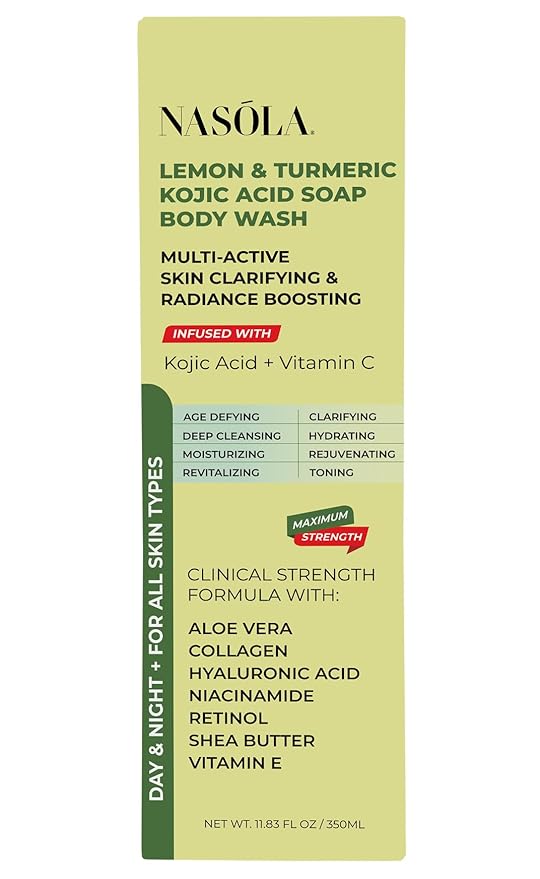 Nasola Lemon Turmeric Kojic Acid Soap Body Wash - Natural Gentle Face & Skin Cleanser with Vitamin C, Shea Butter, Collagen, Niacinamide, Hyaluronic Acid, and Aloe Vera - 11.83 Fl Oz