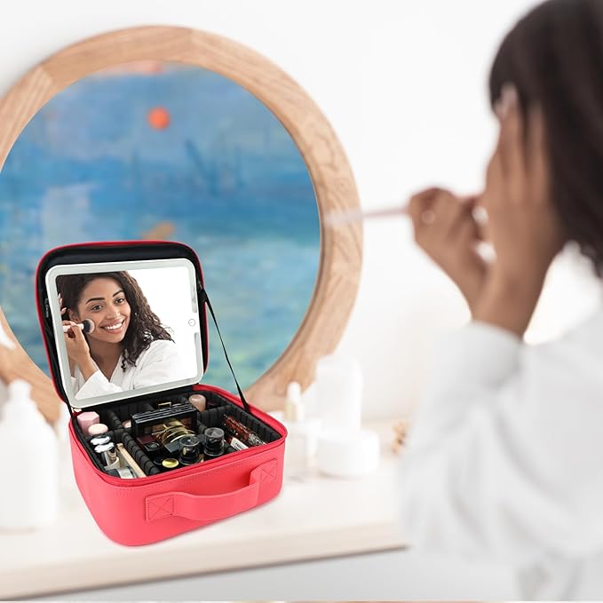 SLUMAZI Travel Makeup Bag with LED Mirror Travel Makeup Organizer with 3 Lighted Settings, Adjustable Dividers and Makeup Brush Storage Bag Light Red