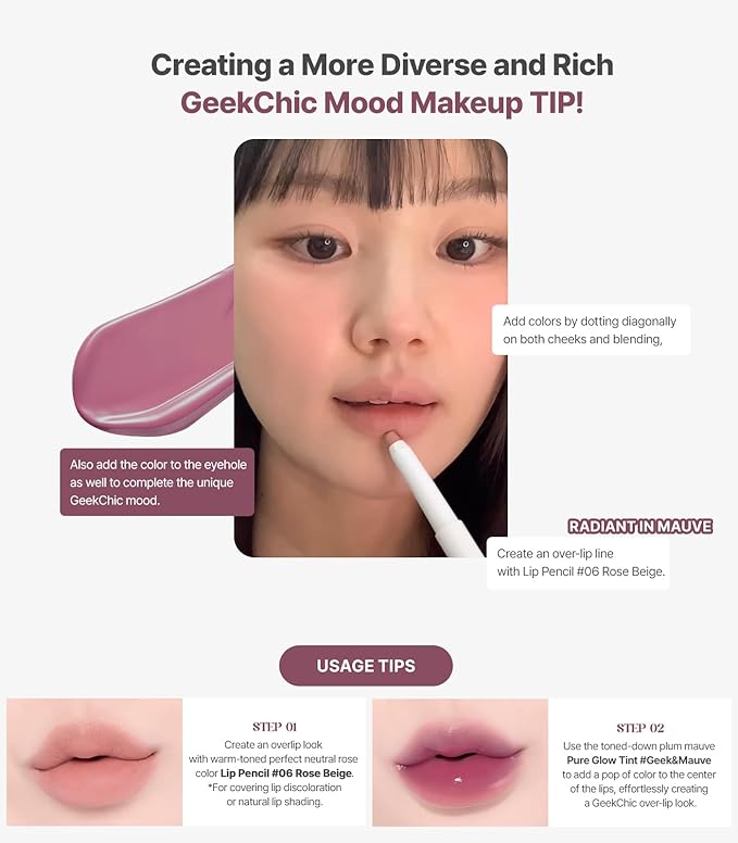 Heart Percent Dote On Mood Overlip Pencil & Stain Duo Set, Long-Lasting Creamy Lip Crayon & Pure Glow Tint Dewy Moisturizing Liquid Lipstick, #GeekChic Overlip Set