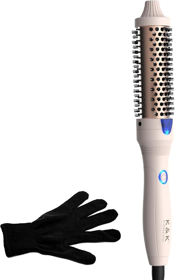 K&K 1.25 inch Volumizing Brush Heated Curling Ceramic Tourmaline Ionic Curling Iron Quick Heating Makes Hair Silky Smooth Dual Voltage Travel-Friendly Straightening Round Design (Pale pink, 1.25 Inch)