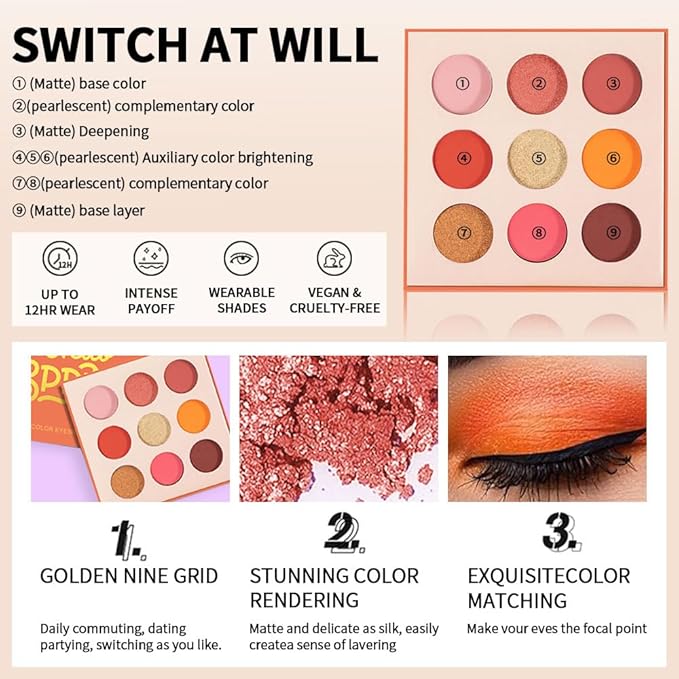 9-Color Warm Eyeshadow Palette–High Pigment Matte Shimmer Glitter Eyeshadow Palette in Orange, Coral, Pink & Brown Shades,Long-Lasting Waterproof, Blendable for Creative & Everyday Looks