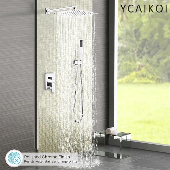 YCAIKOI Shower Faucet Set Complete, Wall Mount Shower System for Bathroom 12 Inch High-Pressure Rainfall Shower with Handheld, Rough-in Valve Body and Trim Kit, Polished Chrome