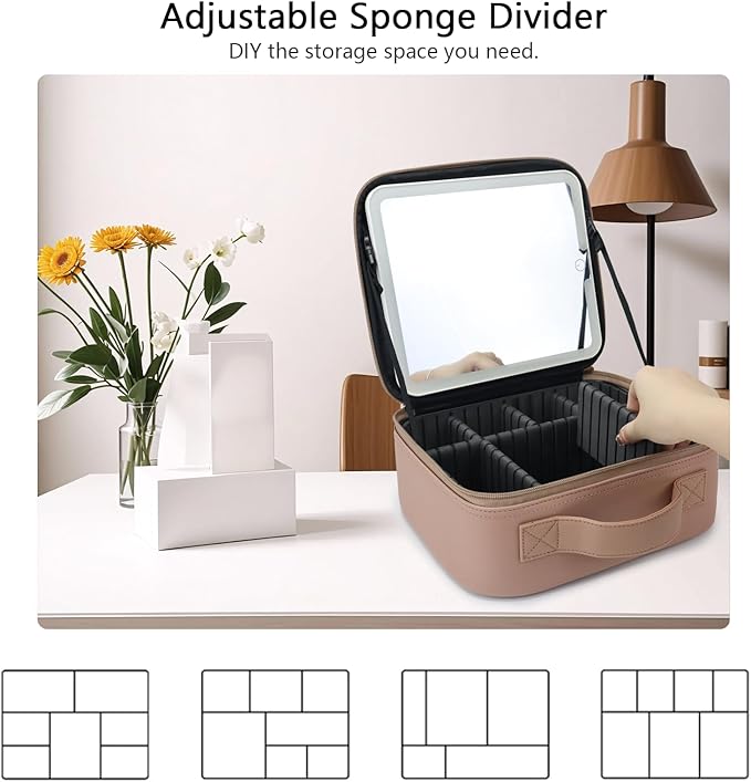 SLUMAZI Travel Makeup Bag with LED Mirror Travel Makeup Organizer with 3 Lighted Settings, Adjustable Dividers and Makeup Brush Storage Bag Mocha