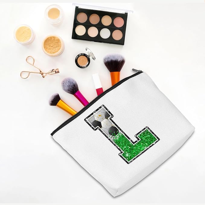 CQM Soccer Gifts Initial Makeup Bag Monogrammed Cosmetic Bag Letter L Zipper Pouch Soccer Accessories for Girls Women Player Coaches Friend Stuff Graduation Birthday Gifts