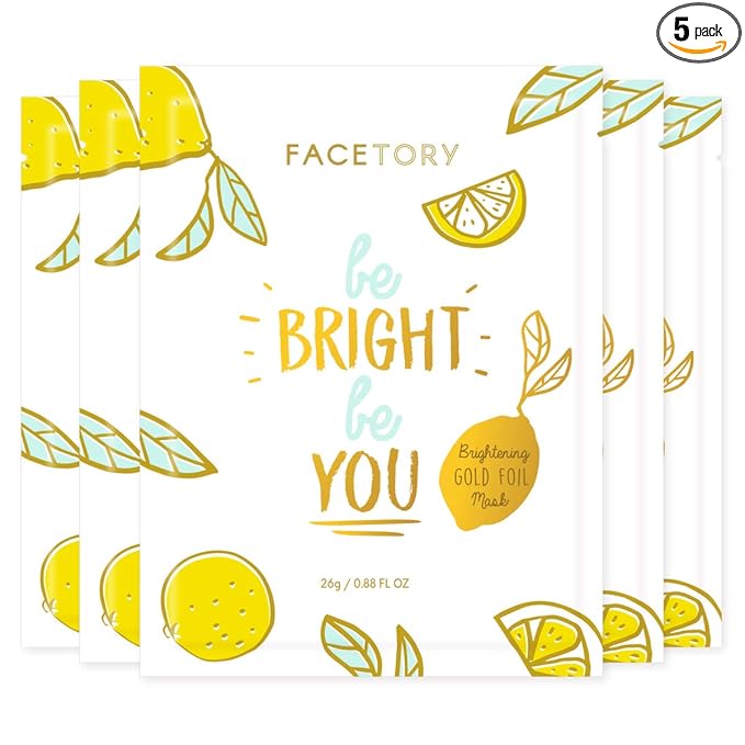 FACETORY K Beauty Face Mask Skin Care - BE BRIGHT BE YOU BRIGHTENING Sheet Mask with Gold Foil & Lemon Fruit | Glowing Gold Brightening Face Mask (5 Pack)