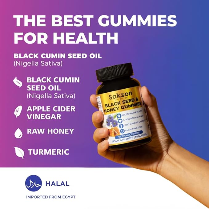 Sakoon nutrition Black Seed Oil Gummies with Honey and W/ 2%+ THYMOQUINONE - Nigella Sativa Seeds - Super antioxidant for Immune Support, Joints, Digestion, Hair & Skin - 60 Gummies