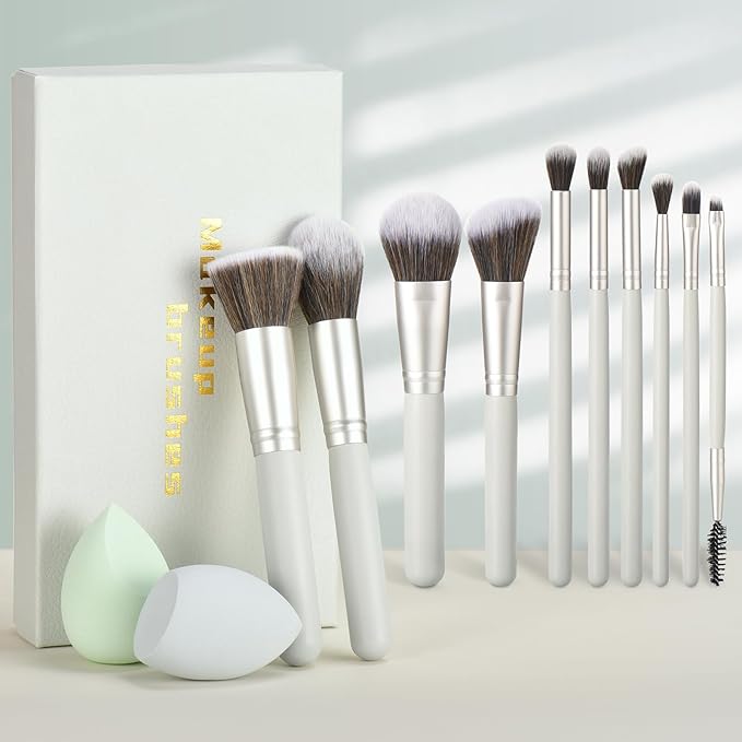 YJ-Anyue Gift Ready 10 Piece grayish green Makeup Brushs Set and 2 Piece Makeup Sponge – Wooden Handle with Soft Synthetic Bristles, Concealer, Powder – (Ideal for Christmas, Birthday, Women)