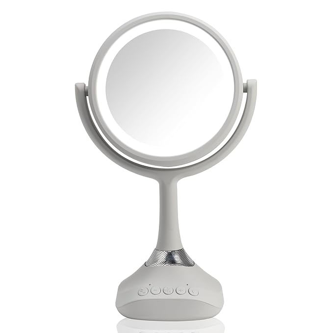 Homewerks 76-101-BT 7.5-inch Personal Makeup Mirror with Bluetooth Speakers and LED Lighting, Handheld Bluetooth Vanity Mirror with Lights for Bathrooms, Bedrooms, or Dorm Room Essentials