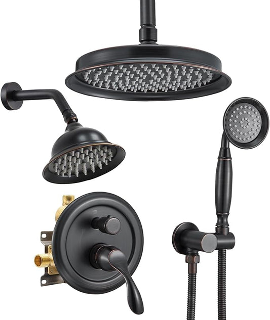 DASAN Antique Dual Shower Head Faucet Set, Oil Rubbed Bronze Dual Rain Shower Head System Complete Double Head Shower Fixture Combo, 9'' & 6'' Dual Rainfall Overhead Shower with Handheld, Valve & Trim