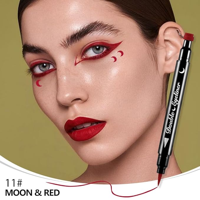 BINGBRUSH Double-head Liquid Star Eyeliner Red Stamp Pencil, Colors Flowers Heart Moon Shapes Face Stamps Makeup Colorful Waterproof Slim Gel Felt Tip High Pigment Liquid Eyeliner (11#Moon&Red)