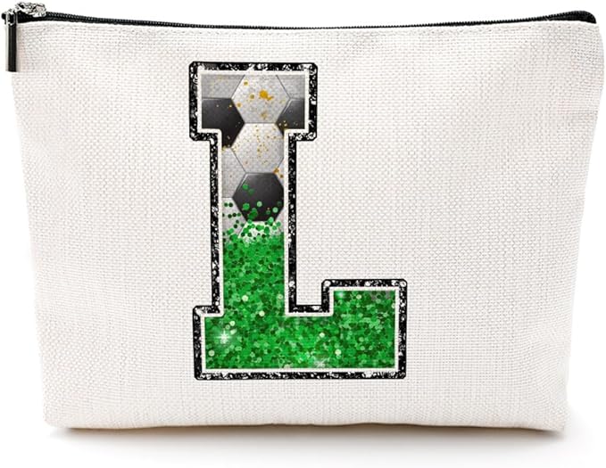 CQM Soccer Gifts Initial Makeup Bag Monogrammed Cosmetic Bag Letter L Zipper Pouch Soccer Accessories for Girls Women Player Coaches Friend Stuff Graduation Birthday Gifts