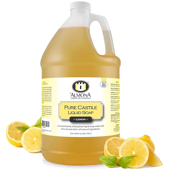 La Almona - Pure Castile Liquid Soap, LEMON, 1 Gallon - Multipurpose: Hands, Face, Body, Laundry, Dishes & More - For Sensitive Skin, All-Natural Ingredients, Scented with Essential Oils