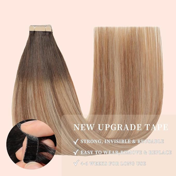 Chestnut Brown to Light Brown Mixed Light Blonde Tape in Hair Extensions Human Hair, 20pcs 16 Inch Remy Hair Extensions Straight Human Hair Tape in Extensions Skin Weft for Women (2/6/18K#,16 Inch)