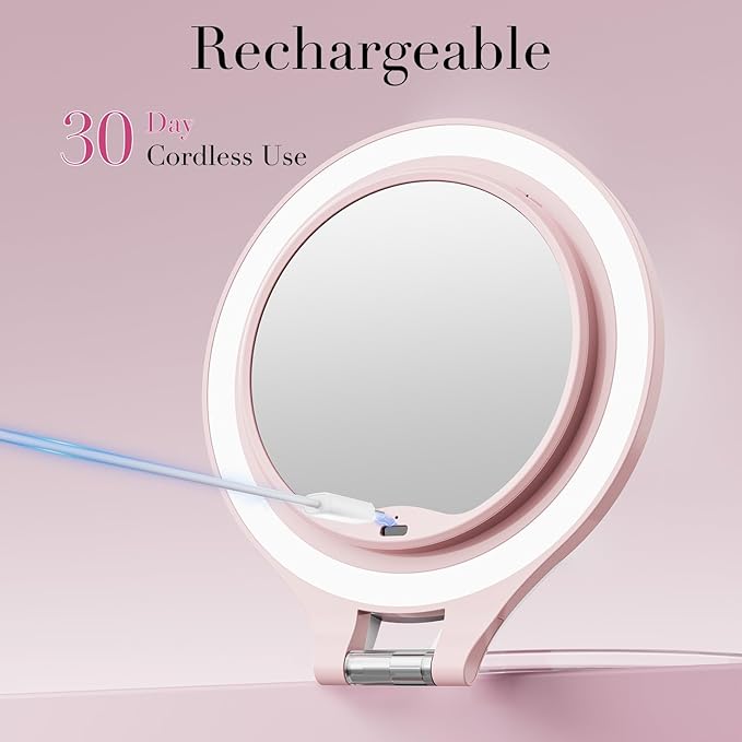 Magnifying Mirror with Light 10X/1X, Double Sided travel mirror with light, Rechargeable makeup mirror with 3 color setting Adjustable stand Lighted mirror Vanity Portable Desk Cosmetic Mirror