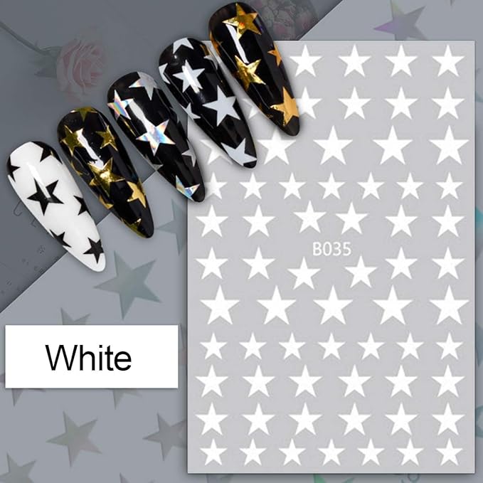 Star Nail Stickers 8 Sheets - Includes Holographic & Aurora Colors, Assorted Shades (Red, Black, Gold, Silver), Self-Adhesive Nail Decals for Women DIY Manicure