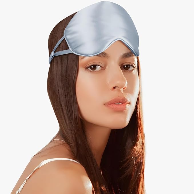 SILKTALE Silk Eye Mask for Sleep with Adjustable Strap for Women/Men/Adults Large 100% Mulberry Silk Sleeping Mask for Travel/Plane/Side Sleeper,Light Blue