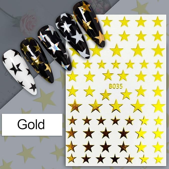 Star Nail Stickers 8 Sheets - Includes Holographic & Aurora Colors, Assorted Shades (Red, Black, Gold, Silver), Self-Adhesive Nail Decals for Women DIY Manicure
